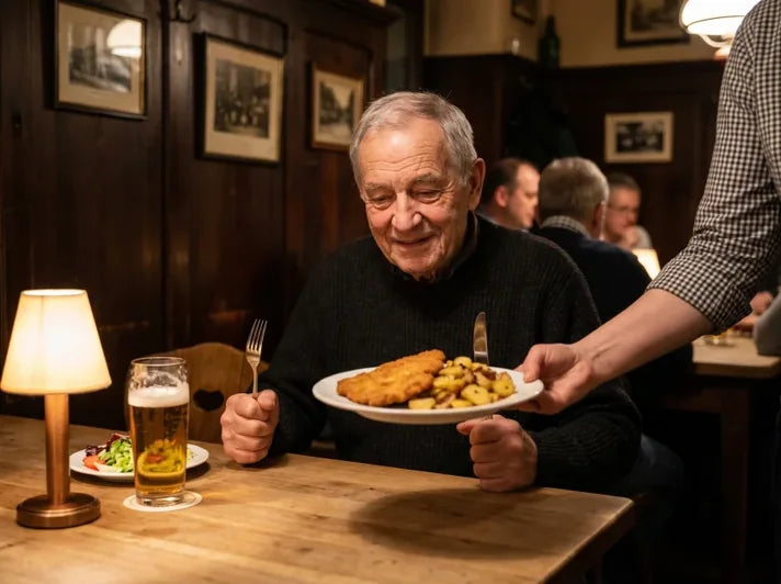 Rentner bekommt sein Schnitzel im Gasthaus serviert