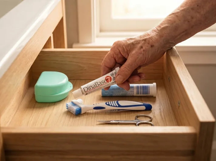 Hand legt die DinaBase7-Tube für eine Woche in die Schublade